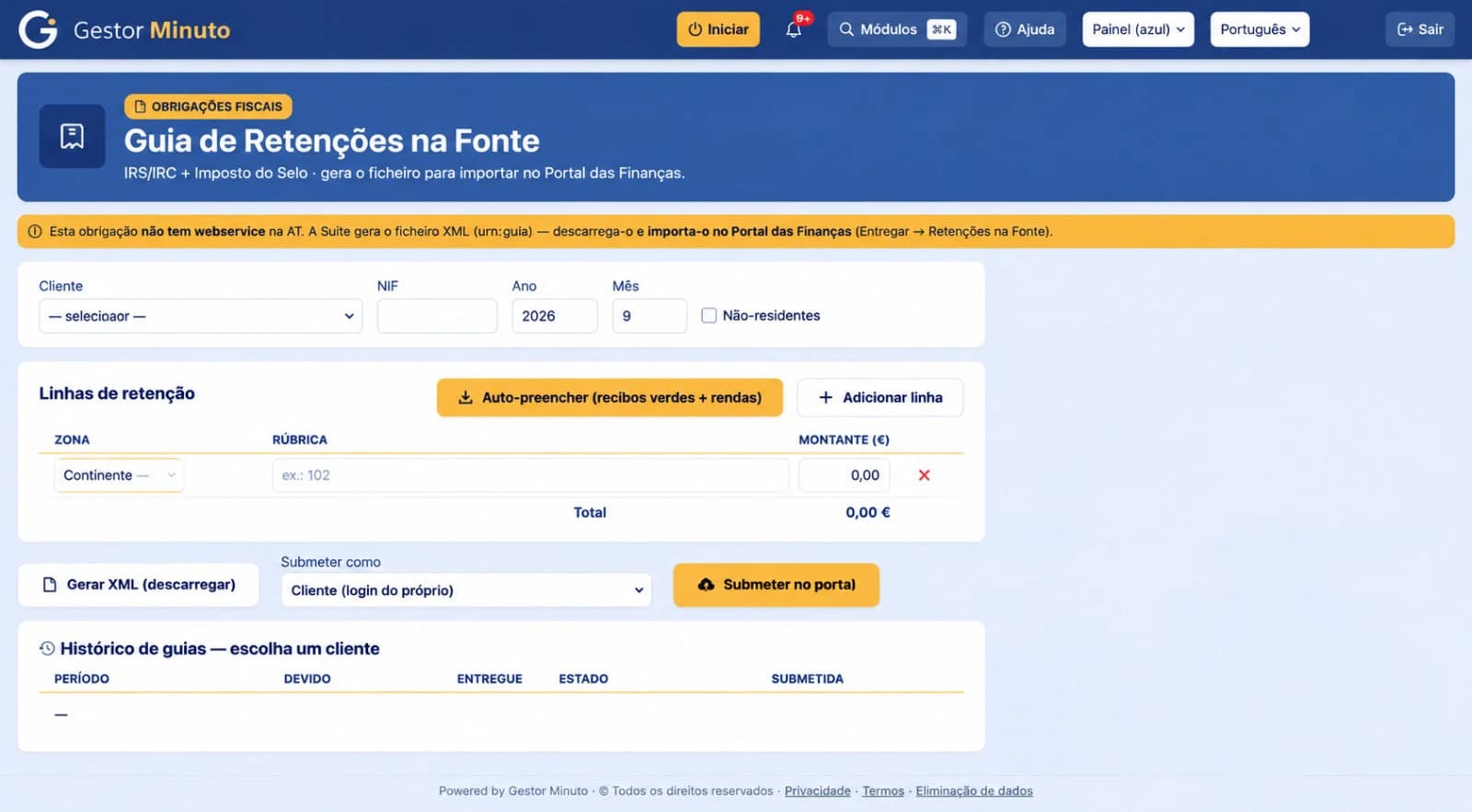 Captura do Gestor Minuto: Guia de retenções na fonte